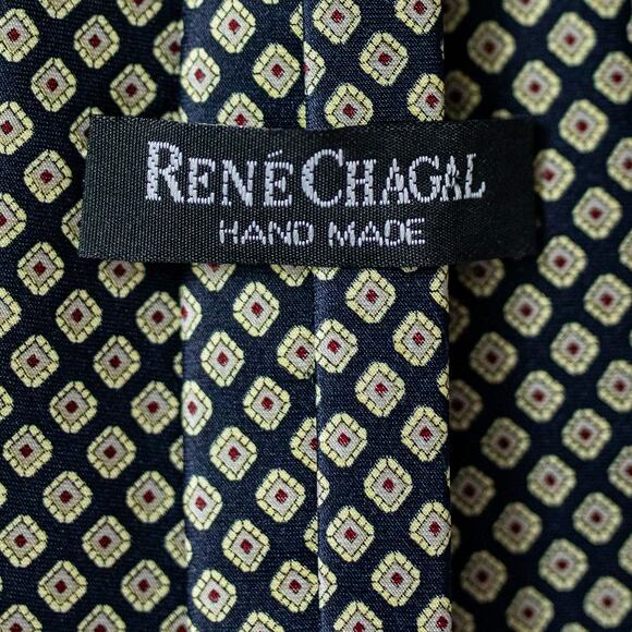 René Chagal Handmade Silk Tie Navy Gold Geometric Pattern Classic Necktie - Picture 5 of 9